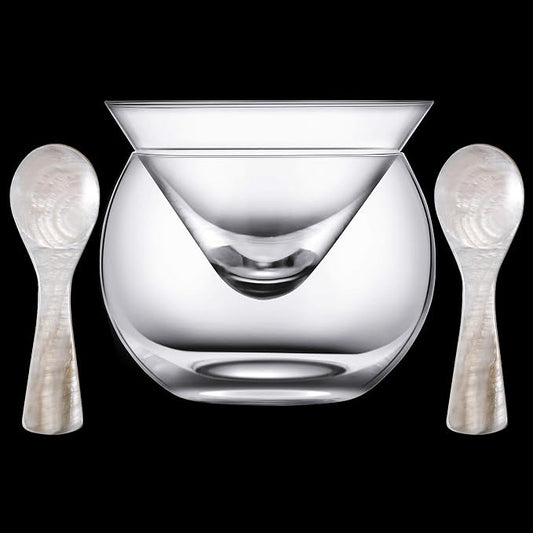 Glass Caviar Serving Set with 2 Pcs Mother of Pearl Spoons 3.2 Inch Caviar Dish Chiller Server Set with Ice Holder for Egg, Ice Cream, Coffee, Restaurant Serving