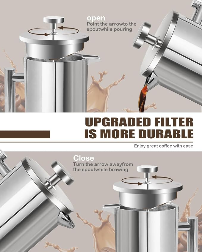 French Press Coffee Maker,304 Stainless Steel Coffee Press with scale lines and 2 Extra Filters for Kitchen & Camping (Silver, 50 OZ) 1.5 Litre