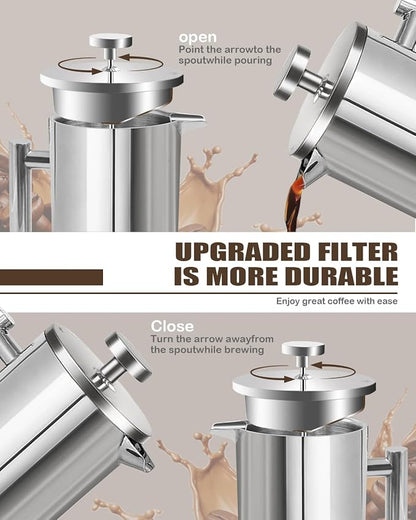 French Press Coffee Maker,304 Stainless Steel Coffee Press with scale lines and 2 Extra Filters for Kitchen & Camping (Silver, 50 OZ) 1.5 Litre