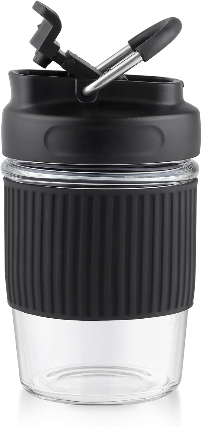 Sivaphe Reusable Glass Ice Hot Coffee Cup 12 oz, Portable Travel Mug with Spill-Proof Lid and Thermal Sleeve for Home Office Black