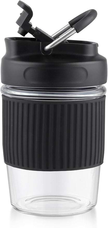 Sivaphe Reusable Glass Ice Hot Coffee Cup 12 oz, Portable Travel Mug with Spill-Proof Lid and Thermal Sleeve for Home Office Black