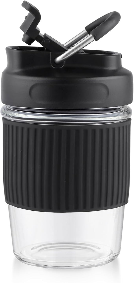 Sivaphe Reusable Glass Ice Hot Coffee Cup 12 oz, Portable Travel Mug with Spill-Proof Lid and Thermal Sleeve for Home Office Black