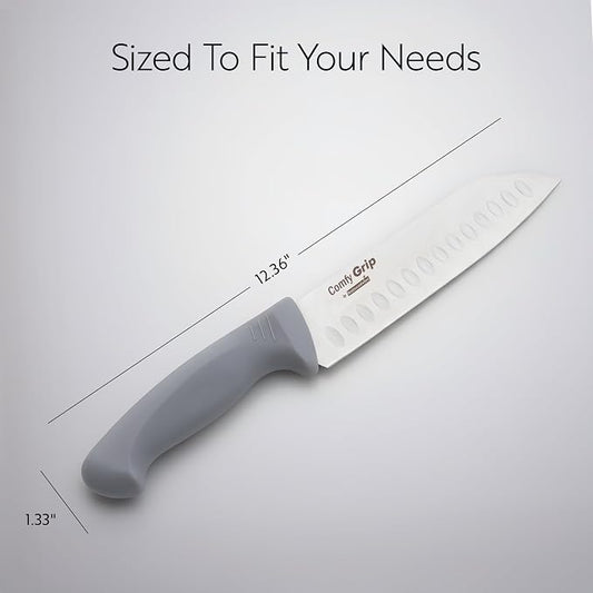Restaurantware Comfy Grip 7 Inch Santoku Knife 1 Sharp Kitchen Knife - Ergonomic Handle Non-Slip Grip Gray Stainless Steel Japanese Chef Knife Dishwashable Granton Edge