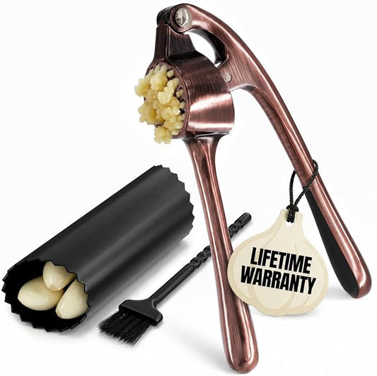 Stainless Steel Garlic Press Set with Silicone Garlic Peeler and Cleaning Brush - Ginger Mincer with 37 Built-In Studs, Rust-Resistant, Ergonomic Handle, No Peel Needed, Dishwasher Safe, Copper Color