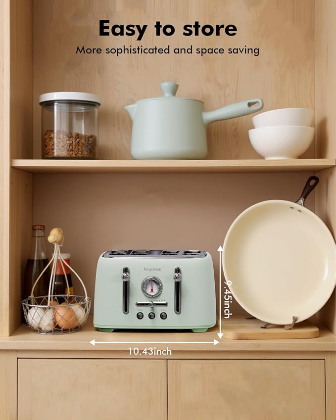 Retro 4-Slice Toaster - 6 Settings, Stainless Steel Body, Defrost/Cancel Button & Crumb Tray, Vintage Green