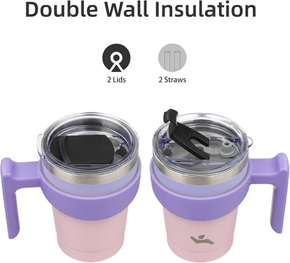 Konokyo 10 oz Tumbler with Handle and 2 Straw 2 Lid, Insulated Water Bottle Stainless Steel Vacuum Cup Reusable Travel Mug,Pastel Sunset
