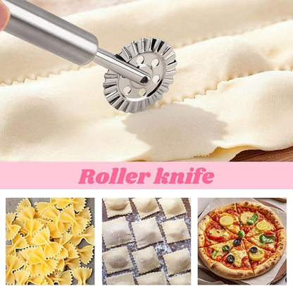 8PCS Ravioli Maker Press Set,Ravioli Stamp Maker Cutter with Wood Rolling Pin,Empanada Maker-Press,Ravioli Wheel and Stuffing Spoon,for Homemade Pasta,Dumpling,Pastry Kit(Pink)