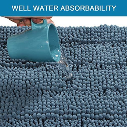 H.VERSAILTEX Bath Rugs for Bathroom Washable Non Slip Extra Thick Chenille Striped Bath Mat Rug Runners 47" x 17" Absorbent Fluffy Soft Shaggy Mats Plush Area Carpet for Bath Room, Tub - Stone Blue