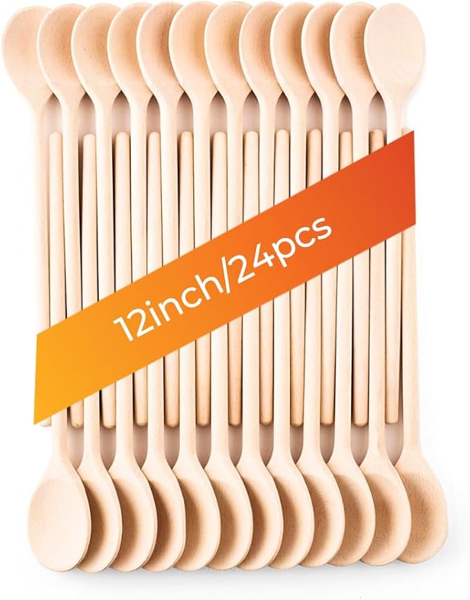 Mr.Woodware 12 Inch Wooden Spoons for Cooking - Set of 24 Long Handle Oval Wooden Spoon for Mixing, Stirring, Tasting - Kitchen Wooden Utensils For Cooking and Crafts, Personalized Wood Burning