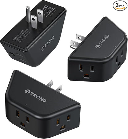 TROND Multi Plug Outlet 3 Pack - Wall Extender with 3-Prong Grounded Sockets, 3 Way Angled Outlet Adapter, Cruise Essentials, Expander for Travel, Home, Hotel, Dorm Room, Black