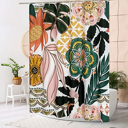 Boho Floral Shower Curtain, Pink Botanical Fabric Curtain, 72 x 72
