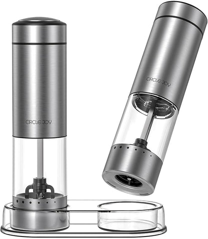 CIRCLE JOY Battery Operated Electric Salt and Pepper Grinder Set with Base, Stainless Steel Pepper Mills with 95ml Container, White LED Light and External Adjustable Coarseness, Silver