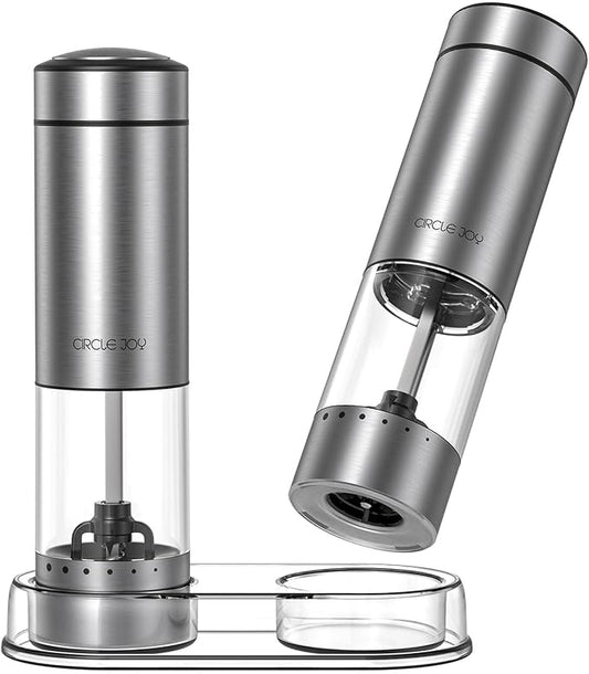 CIRCLE JOY Battery Operated Electric Salt and Pepper Grinder Set with Base, Stainless Steel Pepper Mills with 95ml Container, White LED Light and External Adjustable Coarseness, Silver