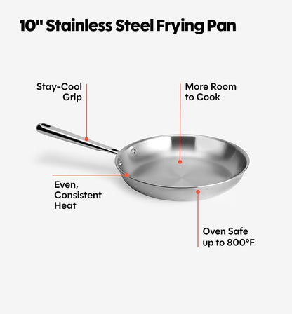 Misen 5-Ply Stainless Steel 10" Frying Pan - Professional Cookware for Induction, Gas and Electric - Dishwasher Safe, Oven Safe to 800°F - Durable, Versatile, Even Heating