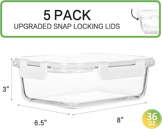 [5-Packs, 36 Oz.] Glass Meal Prep Containers with Locking Lids Glass Food Containers,Airtight Lunch Container,Microwave, Oven, Freezer and Dishwasher (4.5 Cup, White)