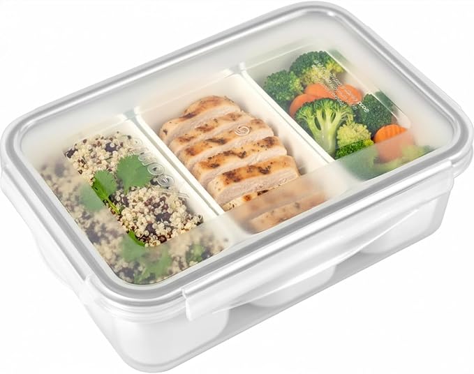 carrotez Food Storage Containers with 3 Removable Compartments, Food Prep Container with Airtight Lids, Portion Control Container, Microwave Safe, Reusable, 4.64 Cup (1100ml)