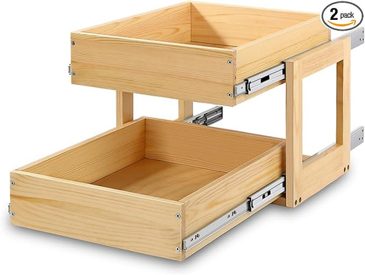 Mulush Pull Out Cabinet Organizer, 17''W×21''D×16''H Soft Close Slide Out Wood Drawer Shelves Storage for Kitchen, 2-Tier, Finished, Heavy-Duty, Bottom Assembly