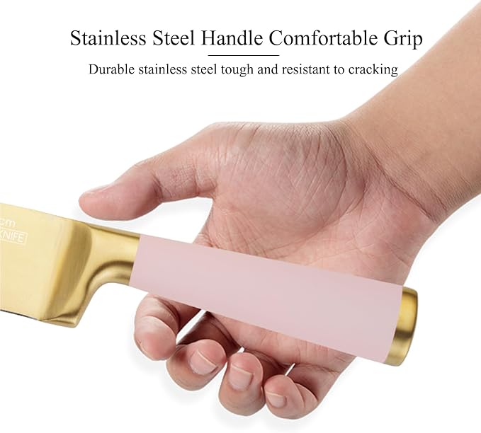 Aesthetic Gold Pink Kitchen Knife Set,7Pcs Gold Titanium Coated Dishwasher Safe Knife Block Sets,Wooden Block with Built-In Sharpener,Luxury Gift for Women Modern Kitchen
