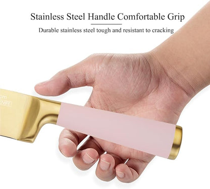 Aesthetic Gold Pink Kitchen Knife Set,7Pcs Gold Titanium Coated Dishwasher Safe Knife Block Sets,Wooden Block with Built-In Sharpener,Luxury Gift for Women Modern Kitchen