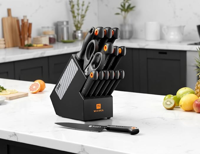 Knife Set, WIZEKA 15 Pieces Knife Sets for Kitchen with Block, Dishwasher Safe Kitchen Knife Set, Extremely sharp Stainless Steel Knife Block Set, Dark Vision Series