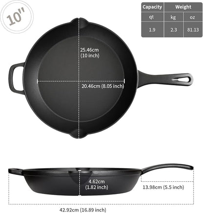 10 Inch Cast Iron Skillet, Pre-Seasoned, Induction Safe | Pre-seasoned 10" everyday skillet for searing, frying & baking. Serves 2-3. No lid. Induction & oven safe. PFOA-free.