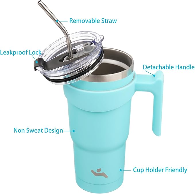 Konokyo 20 oz Tumbler with Handle and 2 Straw 2 Lid, Insulated Water Bottle Stainless Steel Vacuum Cup Reusable Travel Mug,Turquoise