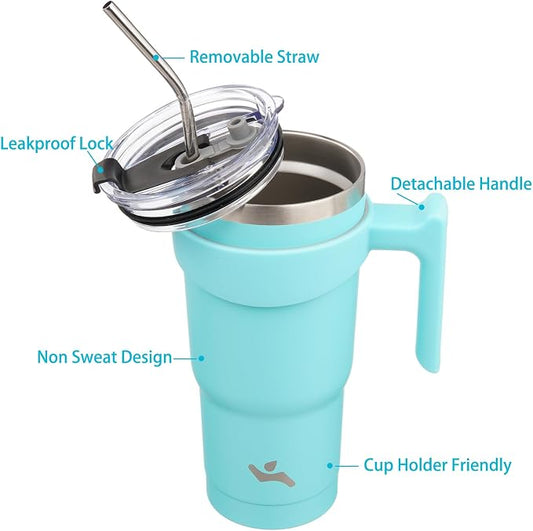 Konokyo 20 oz Tumbler with Handle and 2 Straw 2 Lid, Insulated Water Bottle Stainless Steel Vacuum Cup Reusable Travel Mug,Turquoise