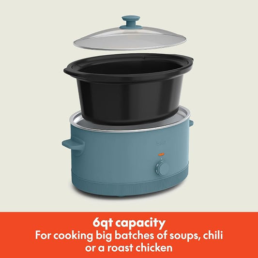 bella 6.0 Qt Manual Slow Cooker, Ceramic Nonstick Coating, 3 Temperature Settings, Dishwasher Safe Stoneware Pot and Tempered Glass Lid, Cool Touch Handles & Tangle Free Cord Wrap, Surf