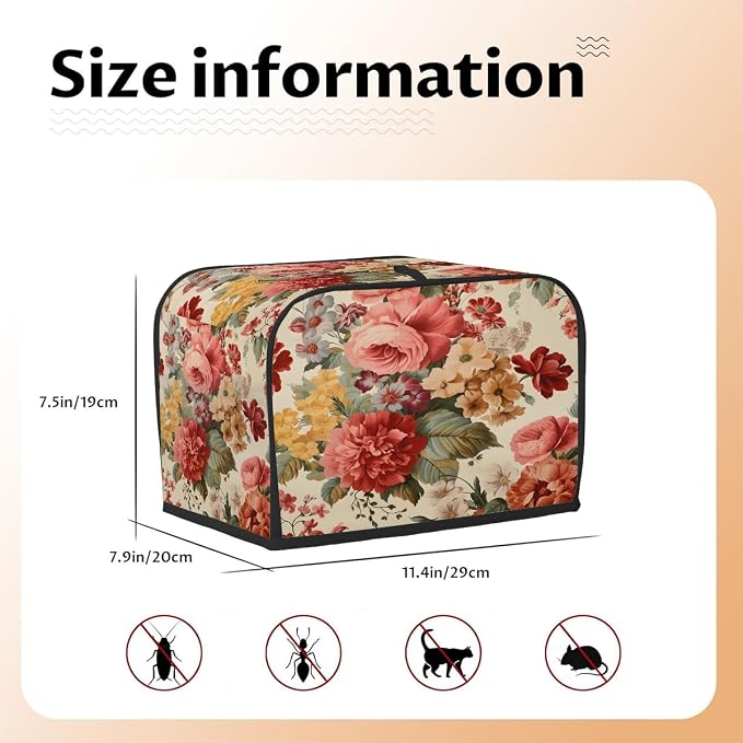 2 Slice Flower Peony Colorful Vintage Toaster Cover Waterproof Dust Fingerprint Bread Machine Cover Washable Kitchen Appliance Protector For Home Kitchen Bakeware Table Decor Women Gifts