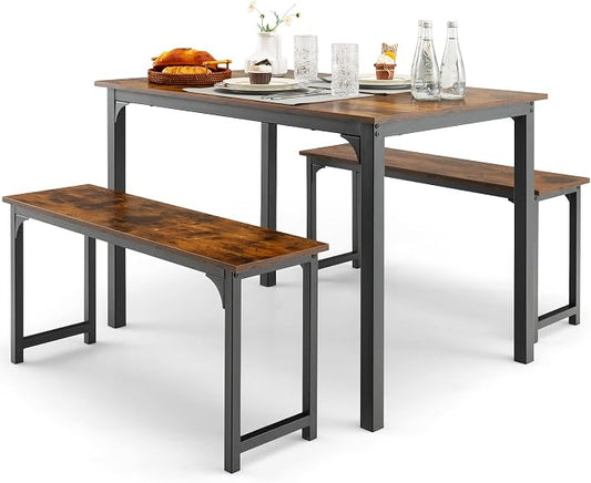 Giantex Dining Table Set for 4, Industrial Kitchen Table Set w/ 2 Benches, Space-Saving Dinette Set for Breakfast Nook, Dining Room, Kitchen, Easy Assembly (Mix Brown)