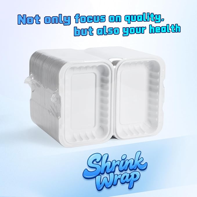 YANGRUI 50-Pack 28oz 9x6 White Takeout Boxes - Shrink Wrapped No Pre-Wash | BPA Free Heavy Duty Mineral PP, Microwave & Freezer Safe | Reusable Clamshell for Sandwiches, Subs & Meal Prep