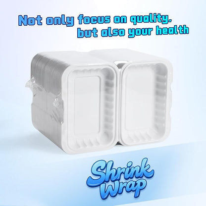 YANGRUI 50-Pack 28oz 9x6 White Takeout Boxes - Shrink Wrapped No Pre-Wash | BPA Free Heavy Duty Mineral PP, Microwave & Freezer Safe | Reusable Clamshell for Sandwiches, Subs & Meal Prep