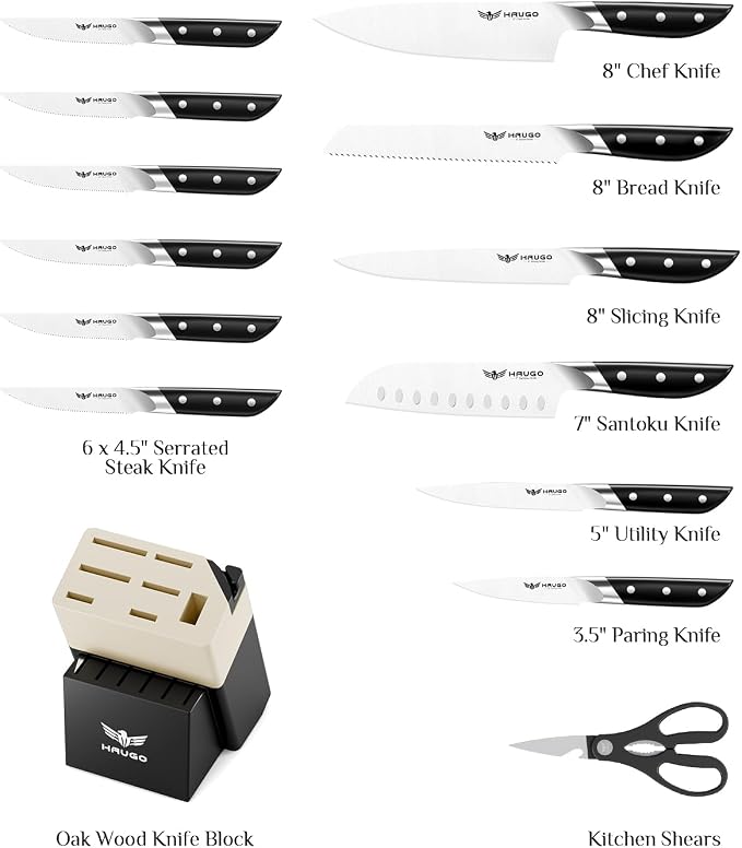 Kitchen Knife Set with Block: 14-Piece German Stainless Steel Full Tang Professional Knife - Comfortable Grip Reduces Hand Fatigue 30% - Dishwasher Safe & Sharpener - Black Knife Set for Cooking