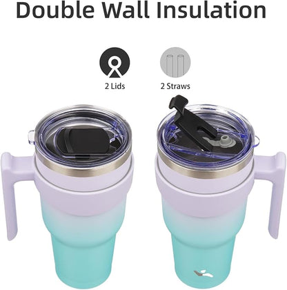 Konokyo 40 oz Tumbler with Handle and 2 Straw 2 Lid, Insulated Water Bottle Stainless Steel Vacuum Cup Reusable Travel Mug, Lavender Green