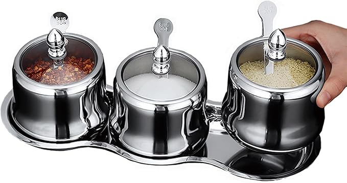 Tenta Tenta Kitchen 18/8 Stainless Steel Seasoning Box Condiment Jar Set Spice Jar Spice Rack Condiment Cruet Bottle Salt Pepper Sugar Storage Organizers with 3 Serving Spoons (Glass Lids)
