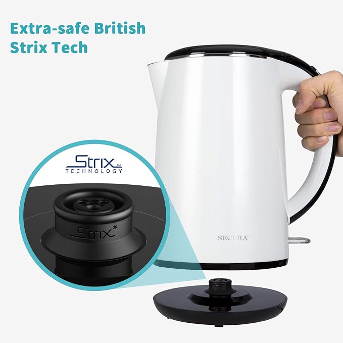 Secura Original Stainless Steel Double Wall Electric Water Kettle 1.8 Quart with Auto Shut-Off & Boil-Dry Protection, White SWK-1701DW/HB-3227B