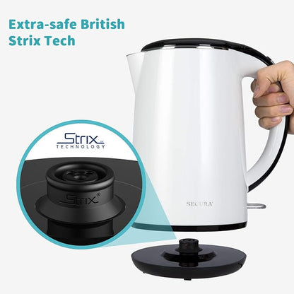 Secura Original Stainless Steel Double Wall Electric Water Kettle 1.8 Quart with Auto Shut-Off & Boil-Dry Protection, White SWK-1701DW/HB-3227B