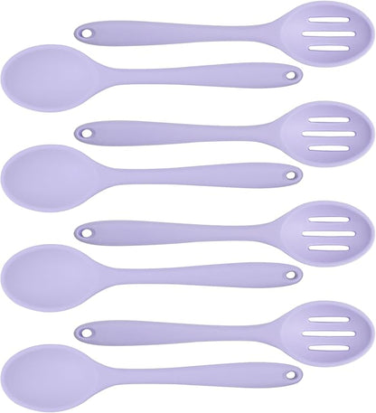 8 Pcs Heat Resistant Non Stick Silicone Serving Spoons Set -Ideal for Cooking, Baking, Mixing, Stirring Includes Slotted & Solid Spoons, Design for Nonstick Cookware (Purple)