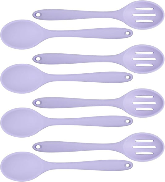 8 Pcs Heat Resistant Non Stick Silicone Serving Spoons Set -Ideal for Cooking, Baking, Mixing, Stirring Includes Slotted & Solid Spoons, Design for Nonstick Cookware (Purple)