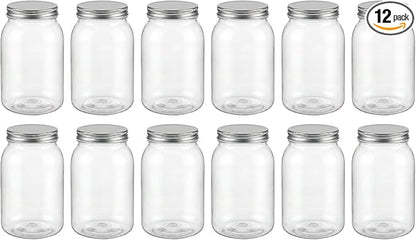 novelinks 32 oz Clear Plastic Jars with Lids, 12 Pack Large Plastic Mason Jars with Lids 32oz, Reusable Quart Containers for Kitchen Organization (12 Pack,Silver)