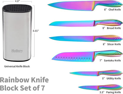 Rainbow Knives Block Set 7 Pieces, Iridescent German High Carbon Stainless Steel Kitchen Knives Pack with Universal Knife Holder