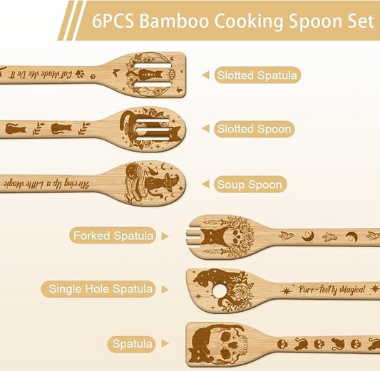 GLOBLELAND 6 Pcs Magical Cats Wooden Spoons Utensil Set Skeleton Bamboo Carving Kitchen Cooking Utensils Wooden Engraved Cooking Spatula Sets for Kitchen Fun House Warming Gift