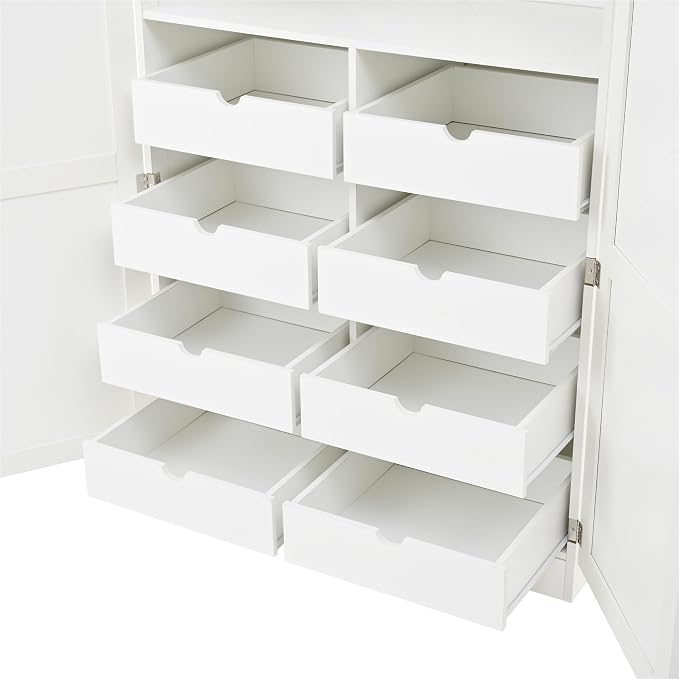 VilroCaz Freestanding Kitchen Pantry Tall Storage Cabinet, Wooden Kitchen Organizers with 4 Doors, 2 Door Shelves, 8 Pull-Out Trays and Adjustable Shelf for Dining Room Living Room (White-8.5)