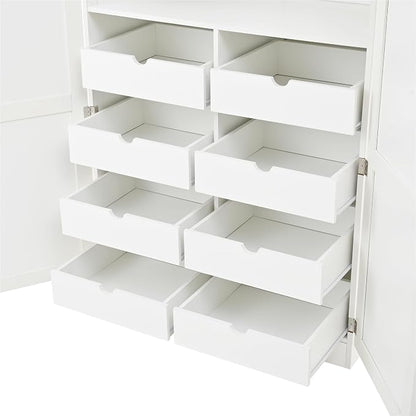 VilroCaz Freestanding Kitchen Pantry Tall Storage Cabinet, Wooden Kitchen Organizers with 4 Doors, 2 Door Shelves, 8 Pull-Out Trays and Adjustable Shelf for Dining Room Living Room (White-8.5)