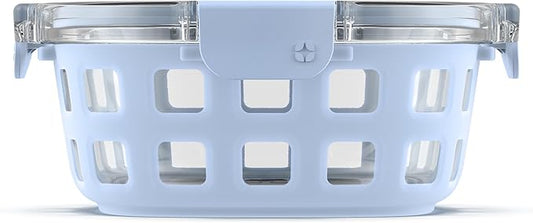 Ello Duraglass Meal Prep Container, 4 cup- Glass Food Storage Container with Silicone Sleeve and Airtight BPA-Free Plastic Lid, Dishwasher, Microwave, and Freezer Safe, Halogen Blue