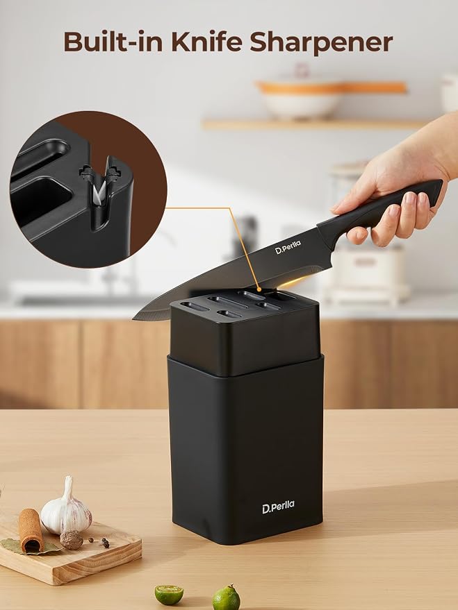 Knife Set, D.Perlla 8-Piece Kitchen Knife Set with Built-in Sharpener, Dishwasher Safe Non-stick & Non Rust, Black Coating Stainless Steel Knife Block Set, Sharp Chef Knives with Universal Knife Block