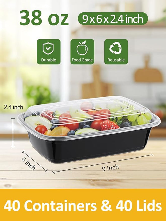 NEEBAKE 40 Sets 38oz Meal Prep Container - Reusable Plastic Food Storage Containers with Lids, Fits Microwave, Freezer and Dishwasher Safe