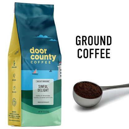 Door County Coffee - Sinful Delight DECAF, Chocolate, Vanilla, Caramel and Hazelnut Flavored Ground Coffee - Medium Roast, 283g