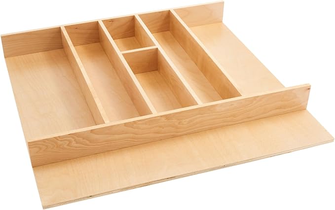 Rev-A-Shelf Trim-to-Custom-Fit Silverware Drawer Organizer For Kitchen Utensils, Cutlery Cabinet Storage Divider Insert, 23.98 x 21.97 In, Maple Wood, 4WUT-3