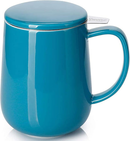 Sweese Porcelain Teacup with Infuser and Lid, 20oz, Steel Blue, Microwave Safe, Reusable